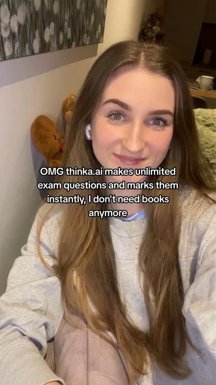 A creator talking to camera about thinka making unlimited exam questions and marking them instantly