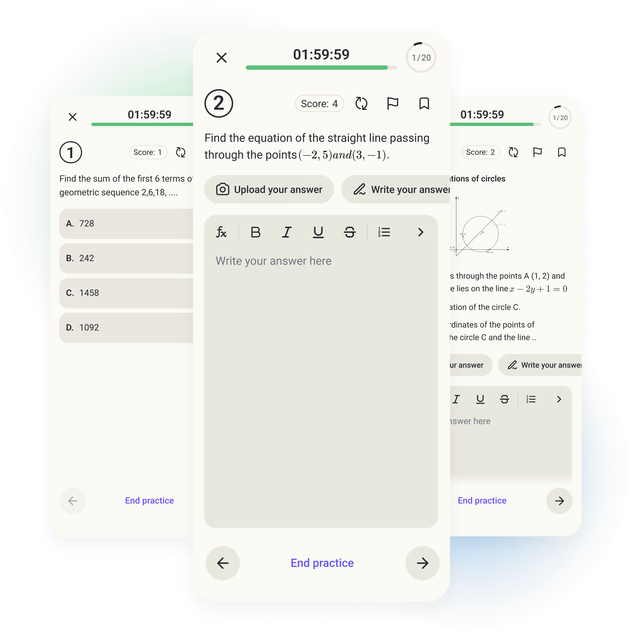 Different question types: MCQ, short answer, and long answer