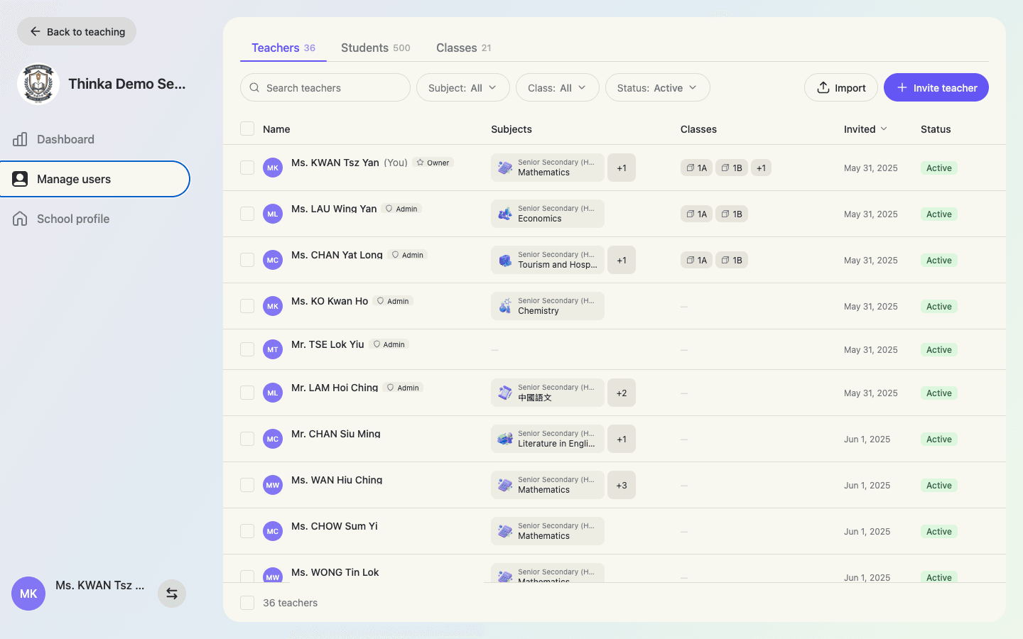 thinka school console for managing teachers, students and classes