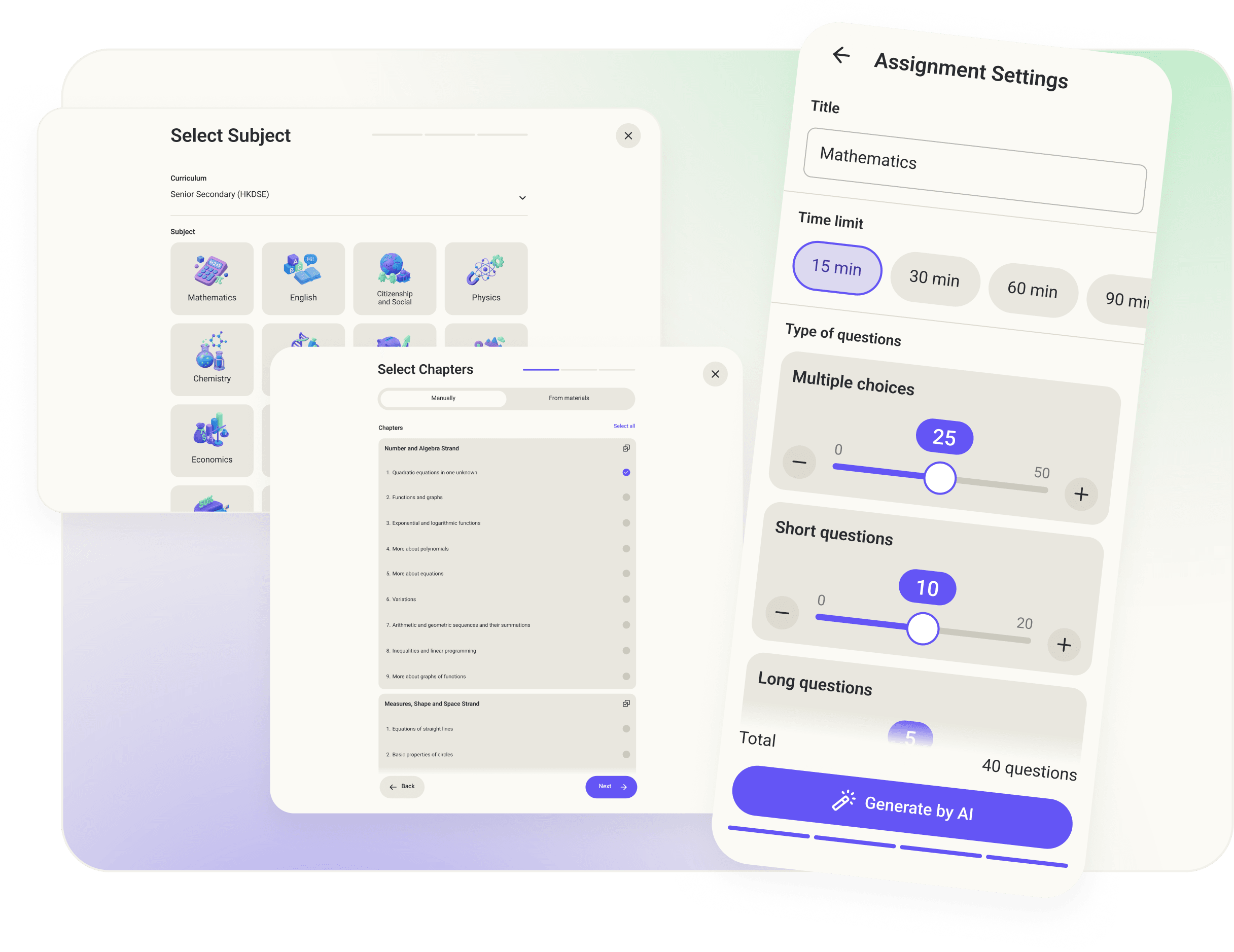 AI question generation interface showing topic and difficulty selection