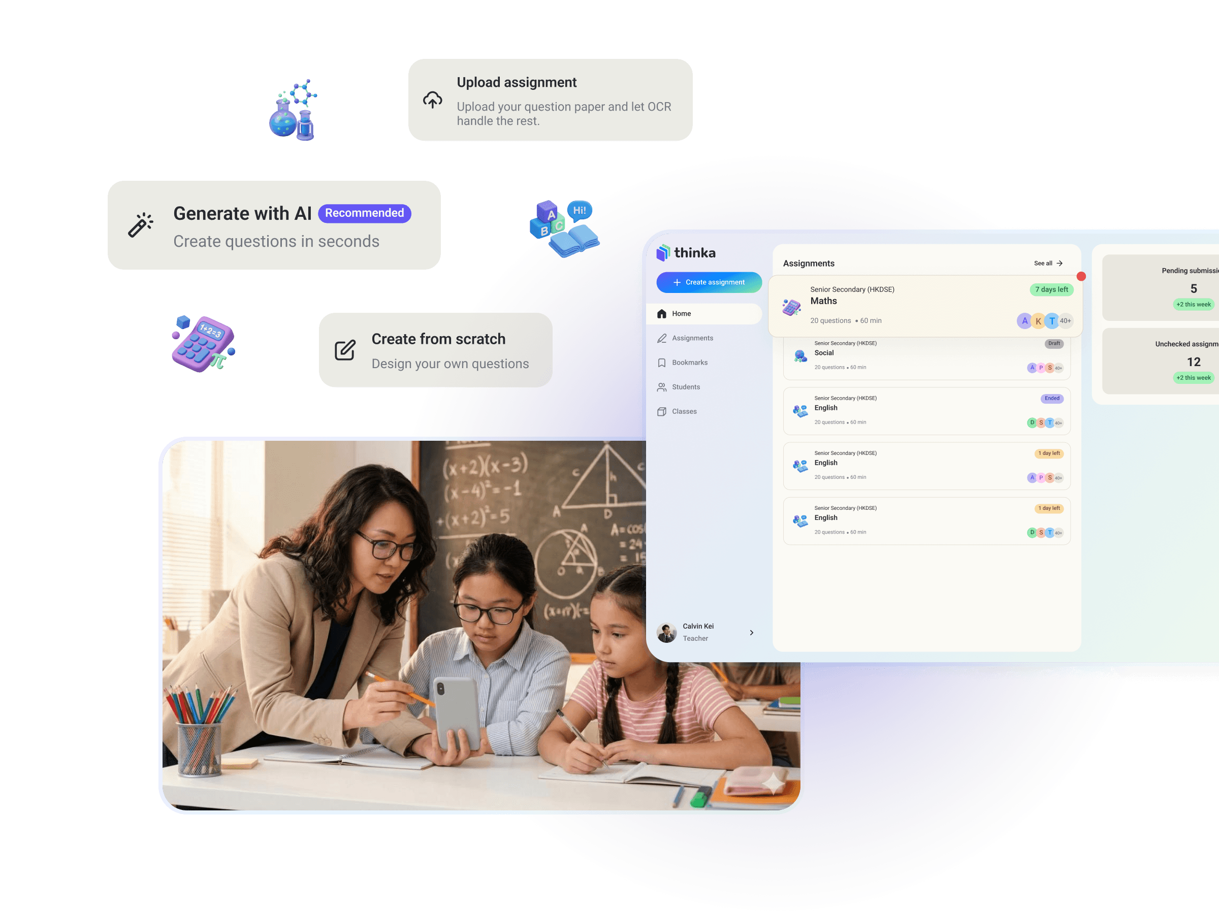 Thinka teacher dashboard showing class analytics and auto-marking