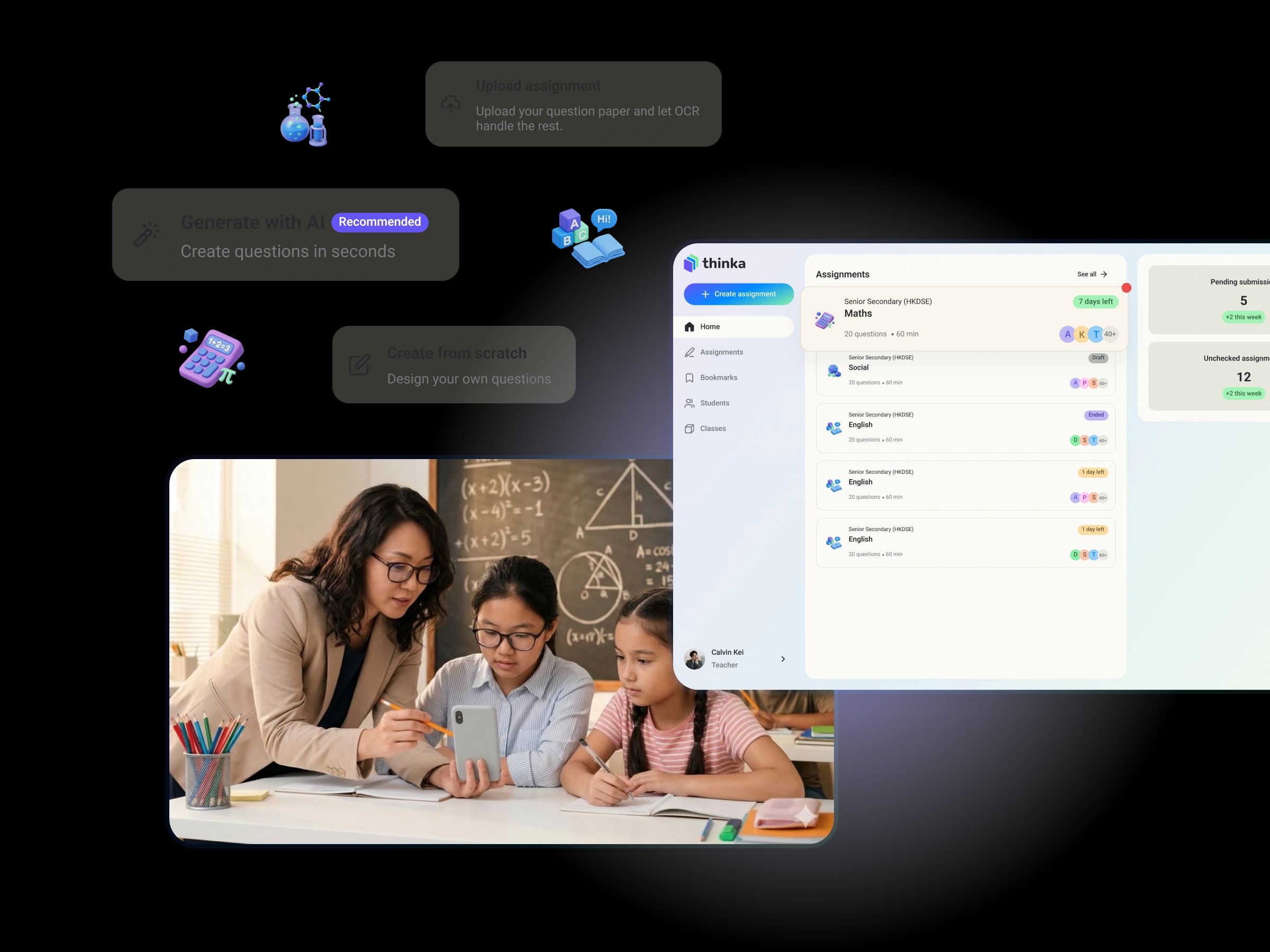 thinka teacher dashboard showing class analytics and auto-marking